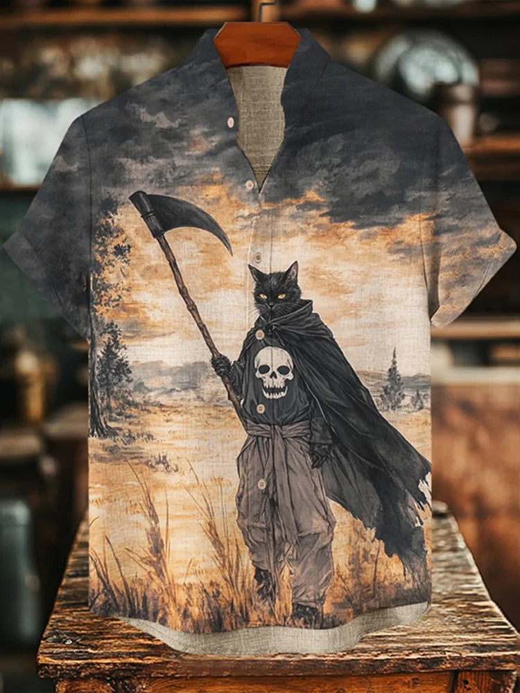 Men's Grim Reaper Black Cat Print Short Sleeve Shirt