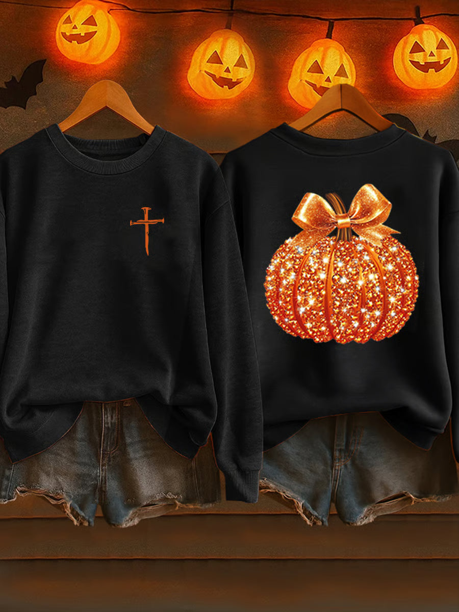 Women's Sequin Pumpkin Print Crew Neck Sweatshirt