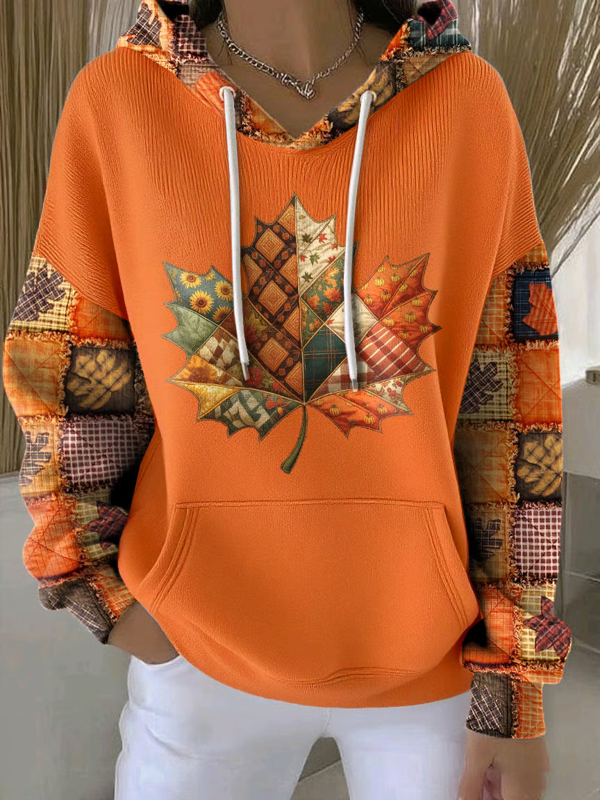 Women's Autumn Maple Leaf Print Casual Hooded Sweatshirt