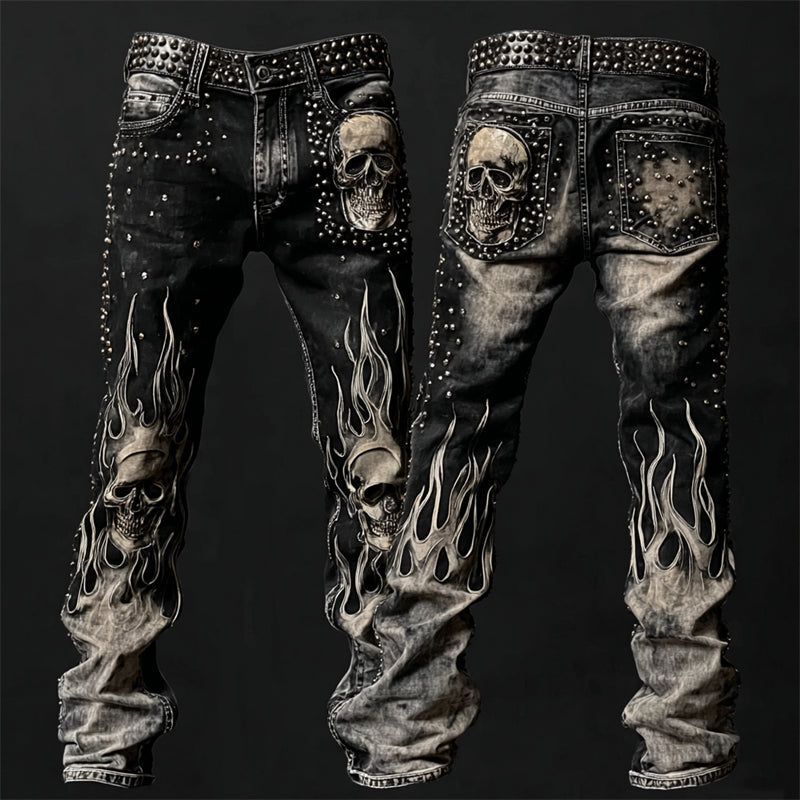 Men's Skulls Flame Contrast Rock Studded Washed Jeans