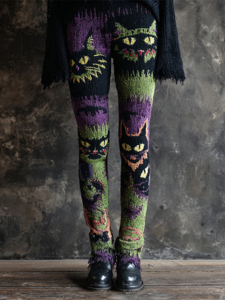 Halloween Spooky Cat Embroidered Women's Knit Leggings