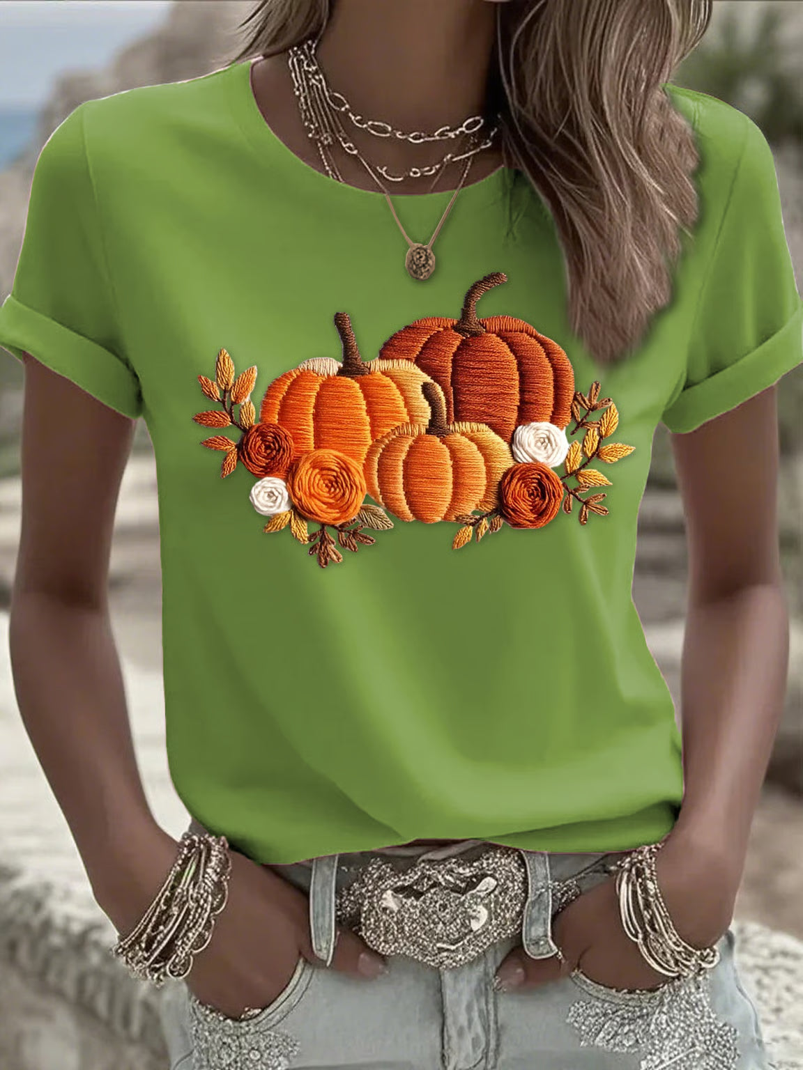 Women's Casual Orange Pumpkin Print T-Shirt