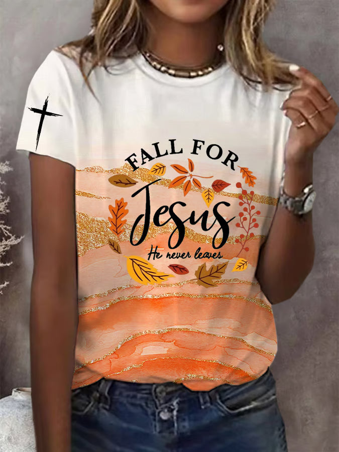 Women's Retro Fall For Jesus He Never Leaves Printed Casual T-Shirt