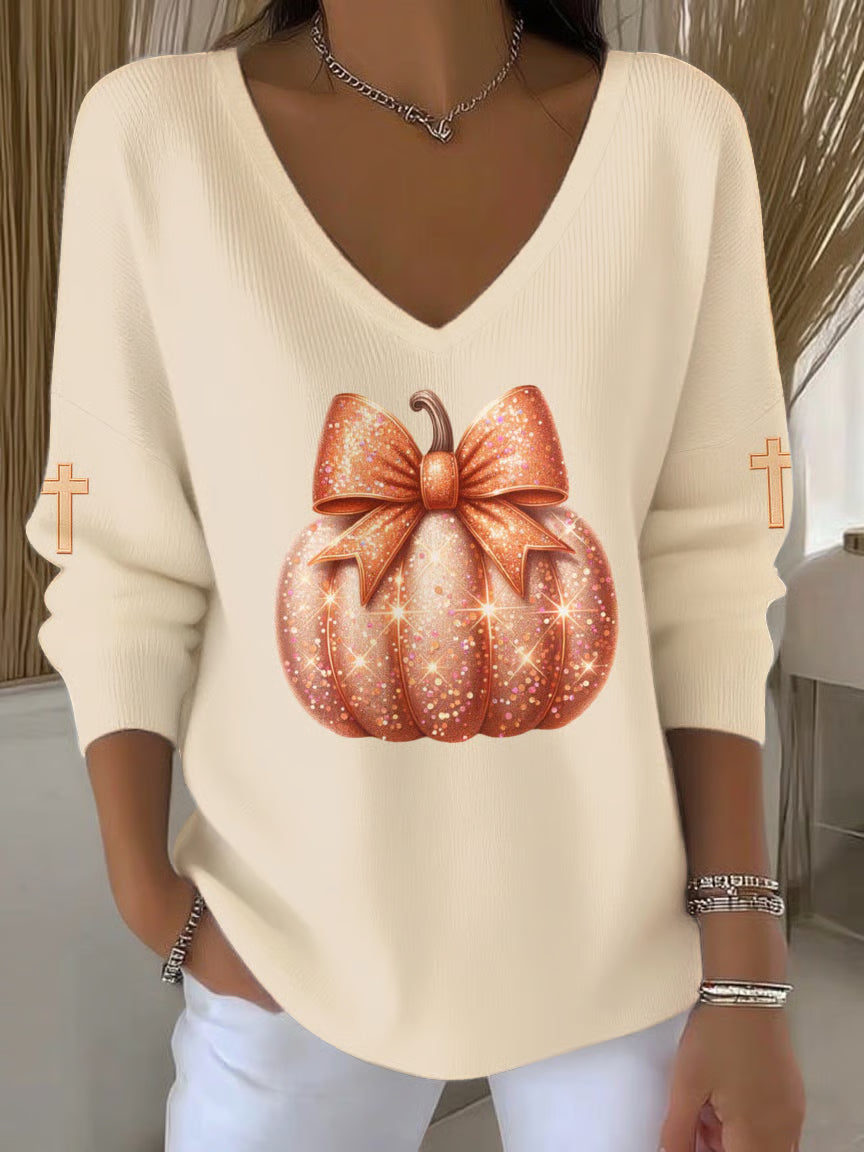 Women's Pumpkin Print Casual Knit Top