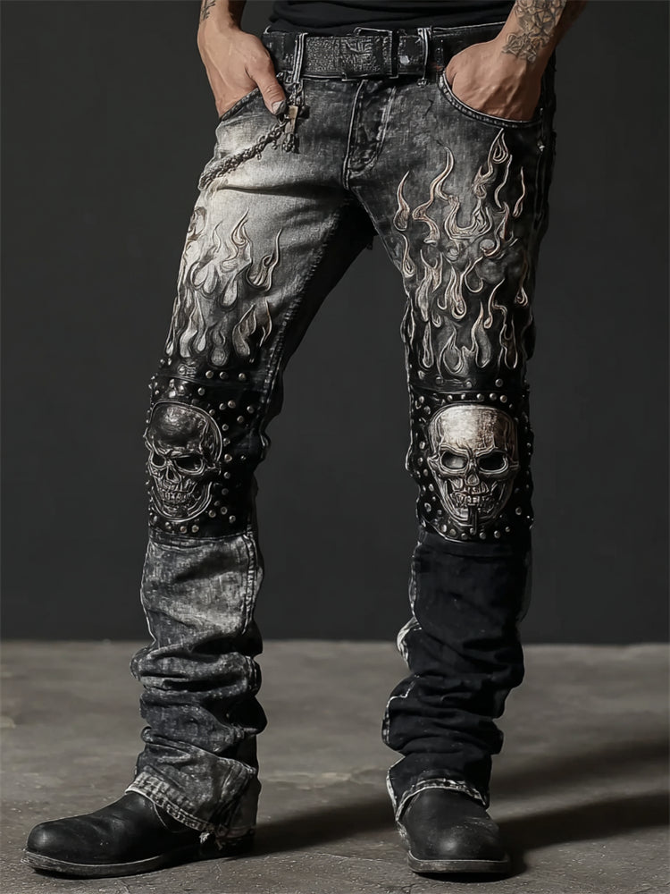 Men's Skulls Flame Contrast Patchwork Rock Studded Washed Jeans