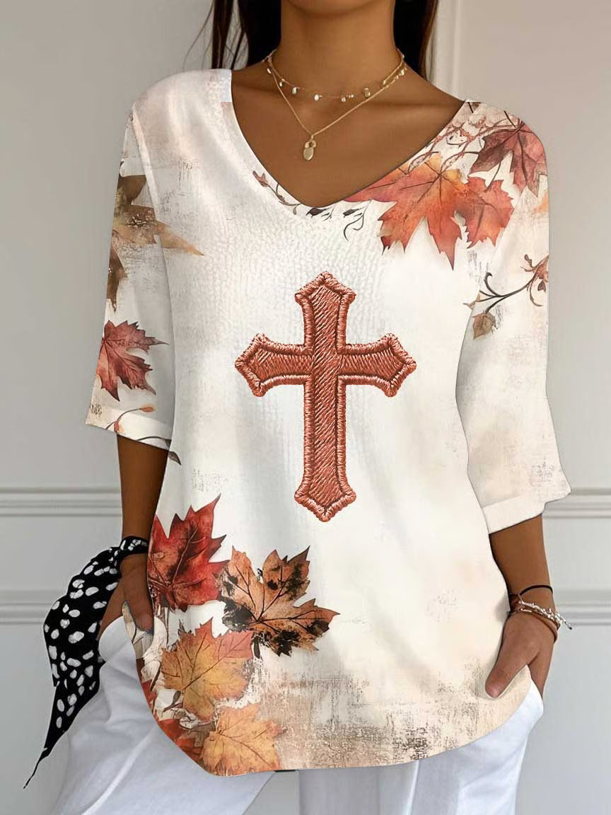 Women's Maple Leaf Cross V-Neck Print Long Top