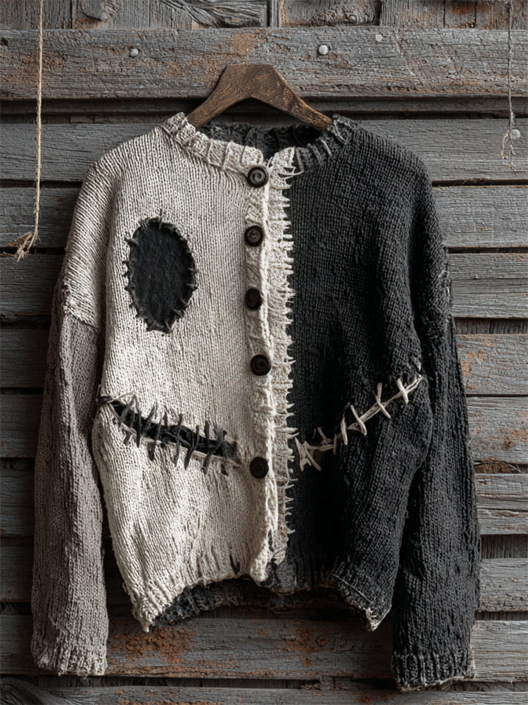 Halloween Spooky Face Contrast Stitched Cozy Knit Cardigan