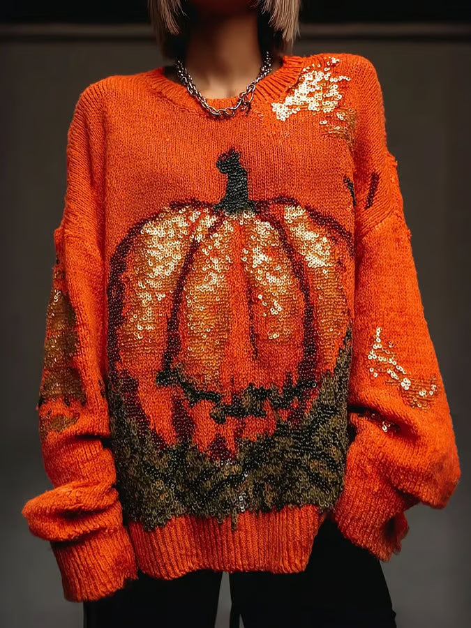 Women's Autumn Pumpkin Contrast Stitching Cozy Knit Sweater