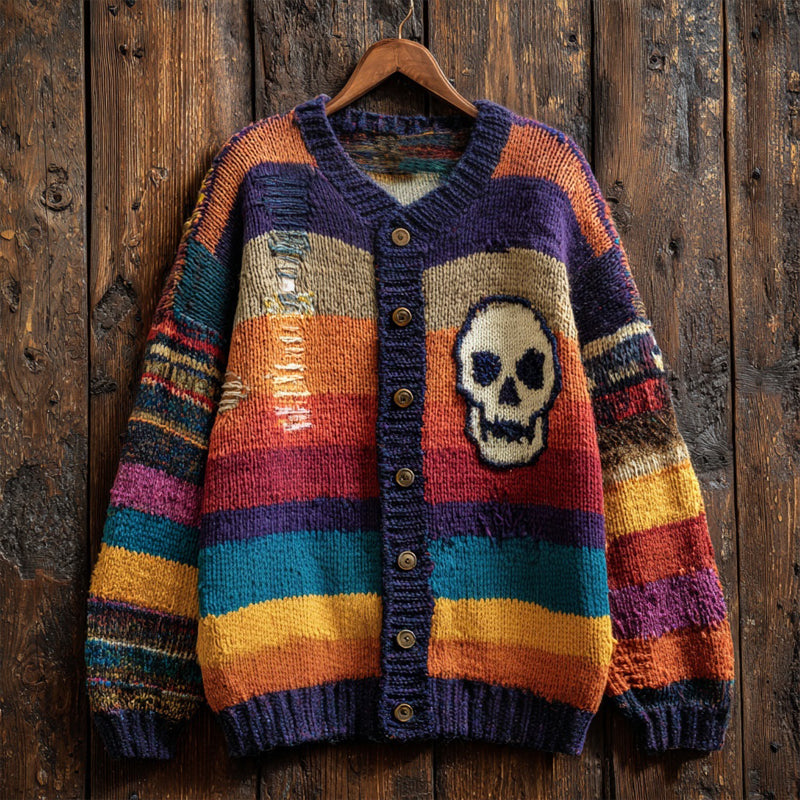 Halloween Skull Embroidered Colorful Striped Cozy Cardigan