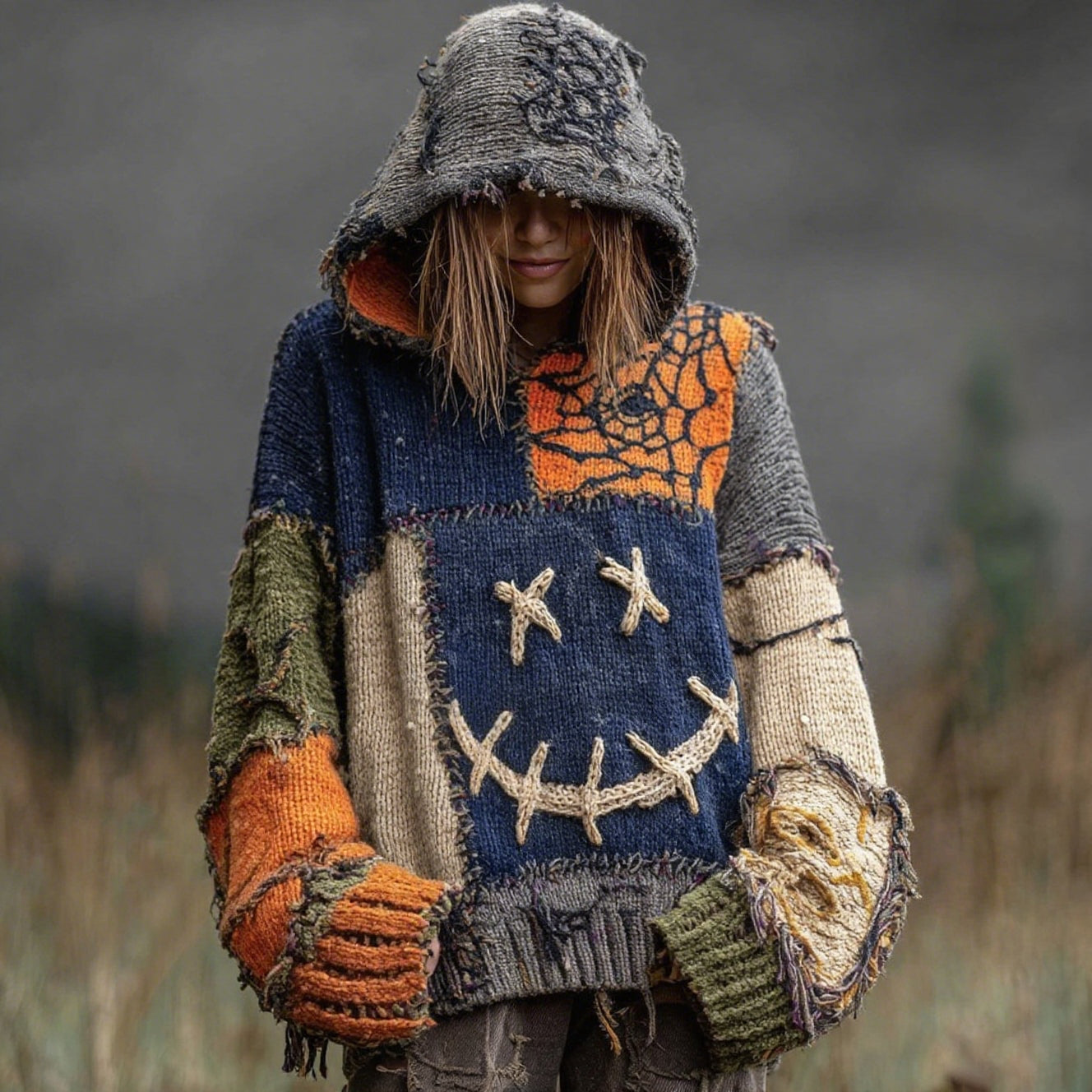 Halloween Spooky Face And Spider Web Patchwork Design Cozy Knit Hooded