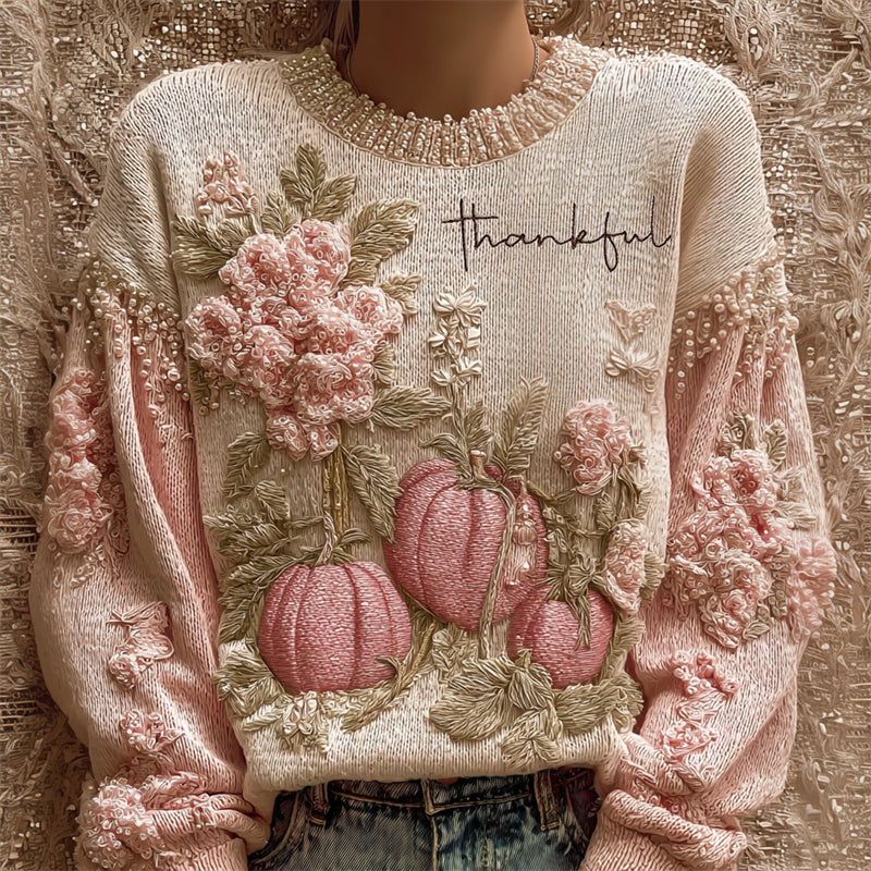 Thankful Embroidered Thanksgiving Pumpkins Floral Beaded Cozy Knit Sweater