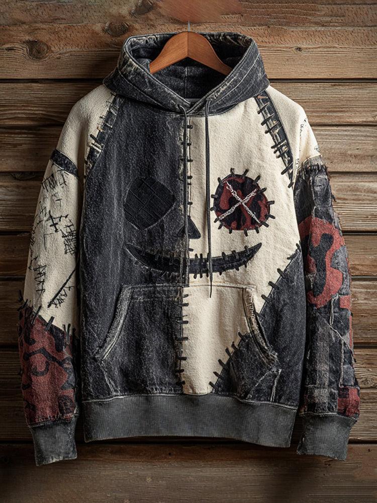 Halloween Skull Face Pattern Stitched Washed Men's Hoodie