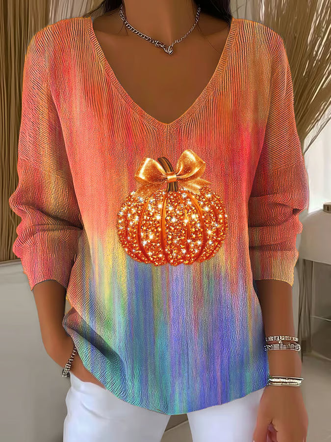 Women's Autumn Sequin Pumpkin Print Long Sleeve Top