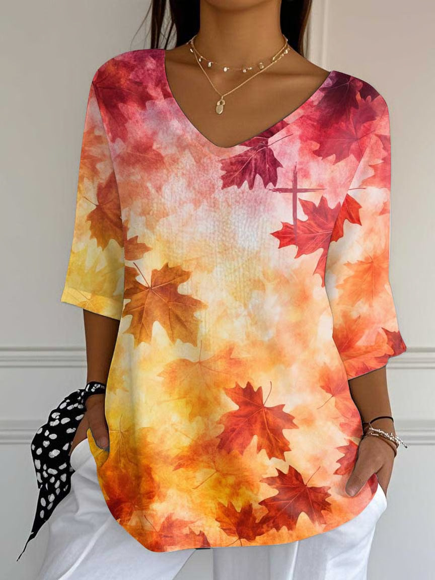 Women's Gradient Maple Leaf V-Neck Print Long Top
