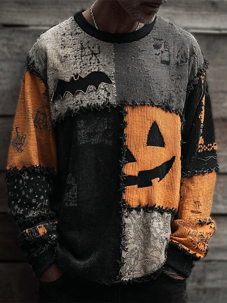 Halloween Pumpkin & Bat Irregular Patchwork Men's Sweatshirt