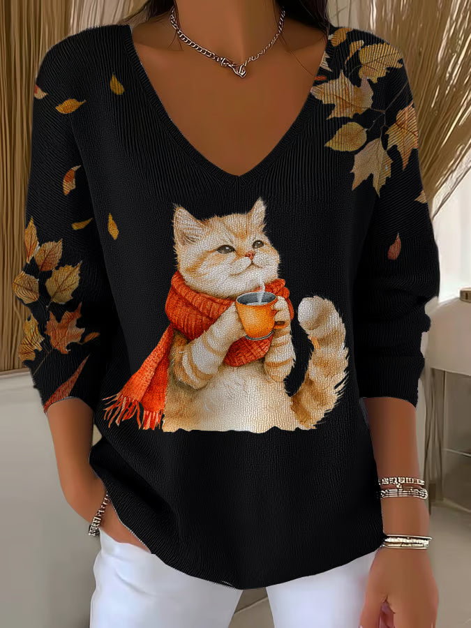 Women's Casual Autumn Animal Cat-Striped Long-Sleeved Top