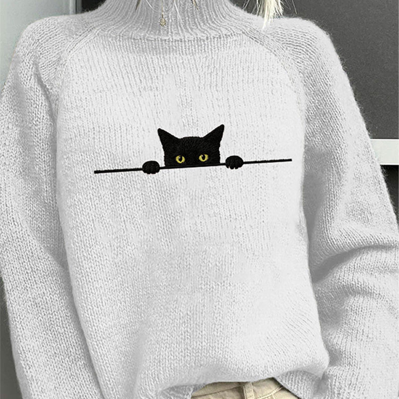 Women's Casual Funny Black Cat Print High Neck Sweater