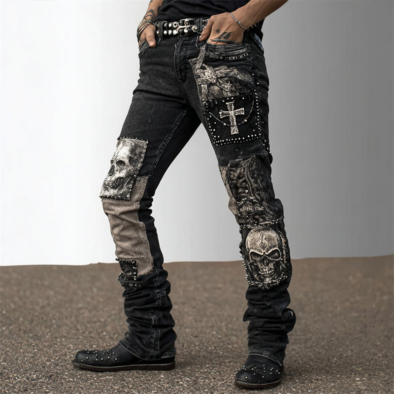 Men's Rock Style Skulls & Cross Studded Patch Stretchy Jeans