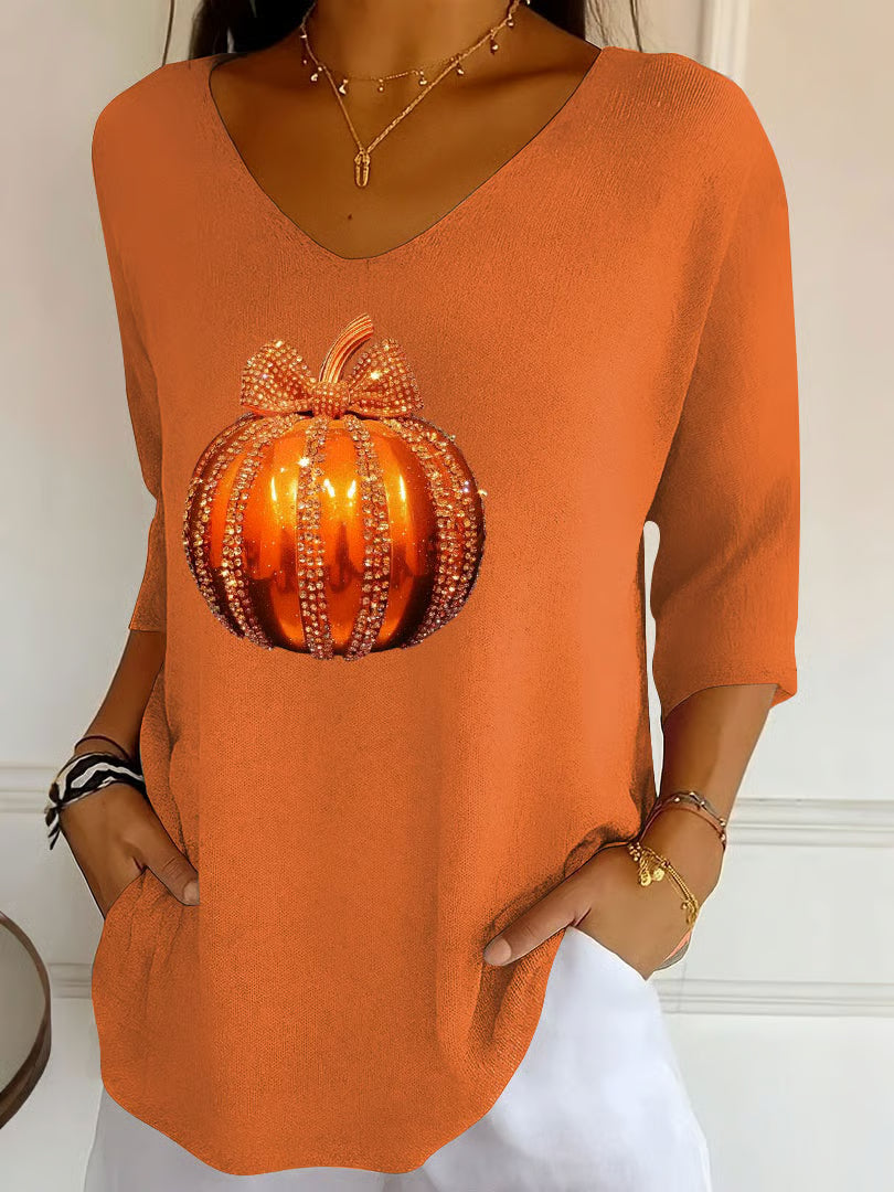 Women's Autumn Sequin Pumpkin Print V-Neck T-Shirt