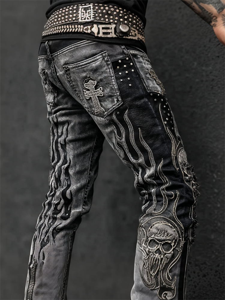 Men's Skulls Cross Flame Contrast Rock Studded Washed Jeans
