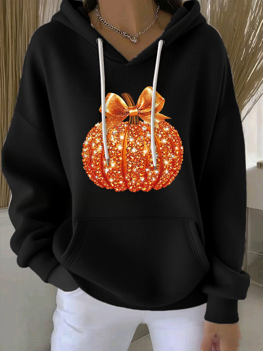 Women's Autumn Sequin Pumpkin Print Casual Hooded Sweatshirt