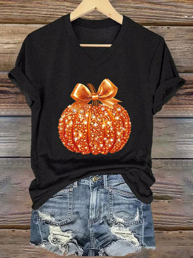 Women's Autumn Sequin Pumpkin Print V-Neck T-Shirt