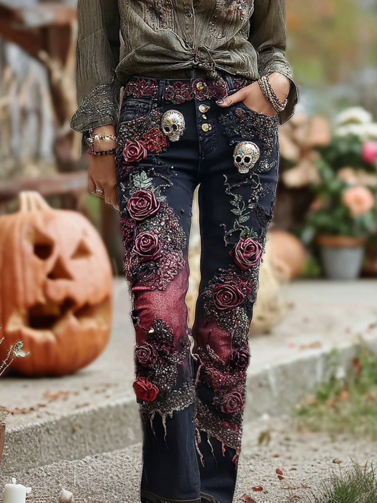 Rose And Skull Embroidered Halloween Gothic Rock Jeans
