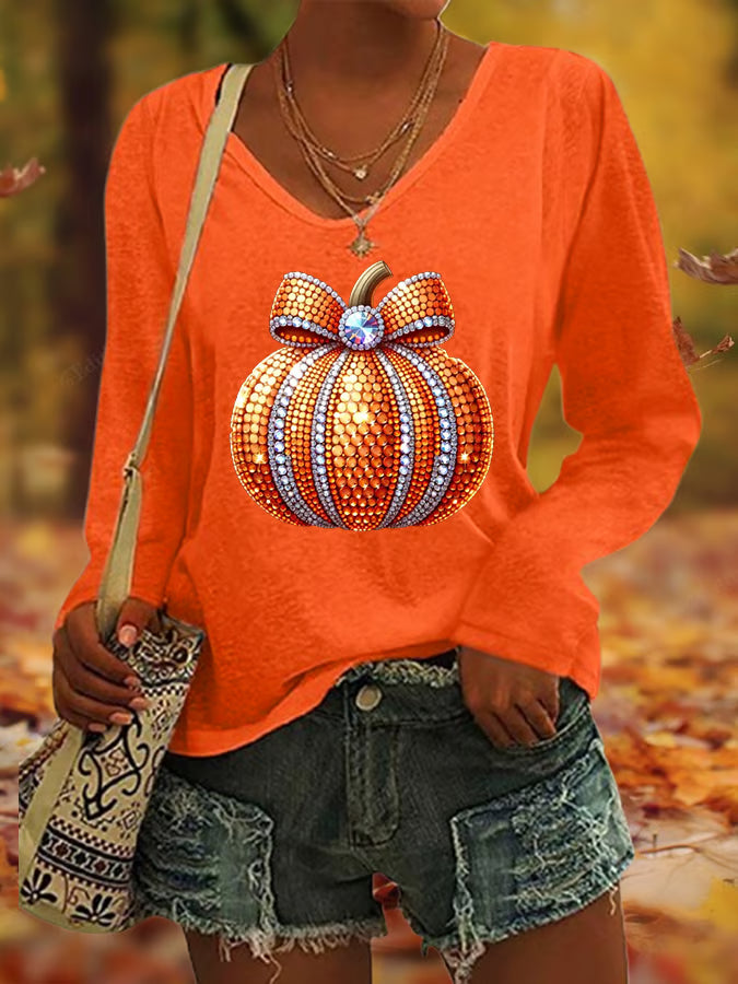Women's Autumn Print V-Neck T-Shirt