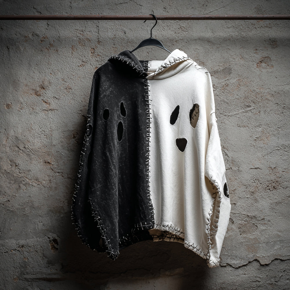 Men's Halloween Ghost Embroidered Clash Color Shabby Hoodie