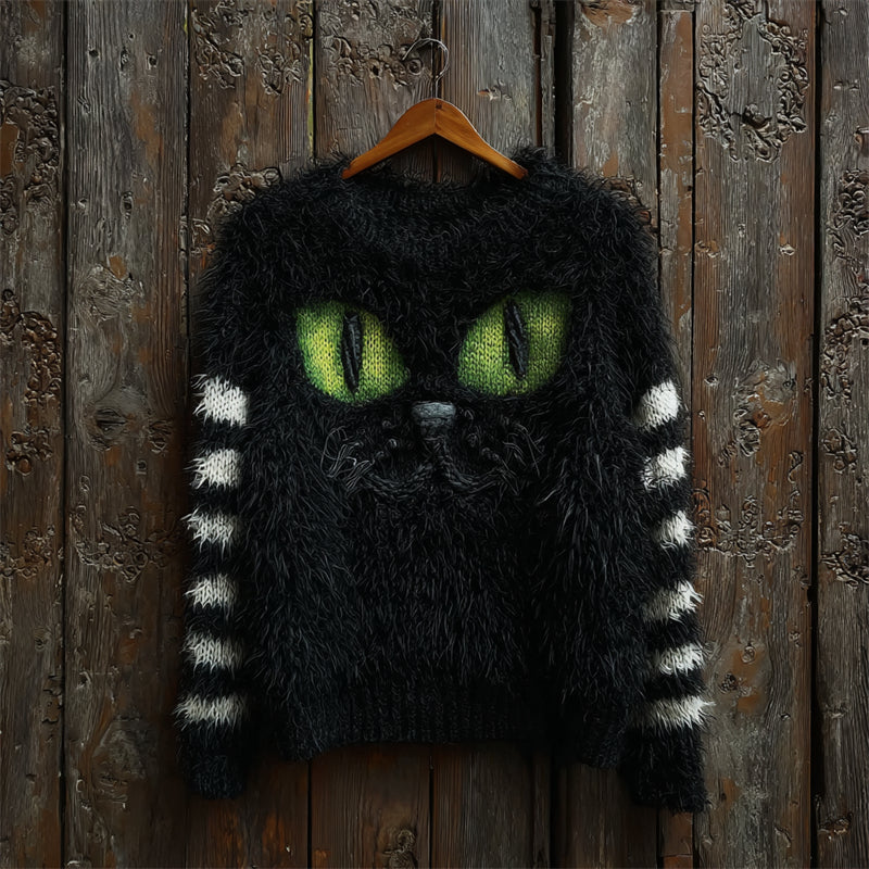 Halloween Fuzzy Black Cat Striped Cozy Knit Sweater