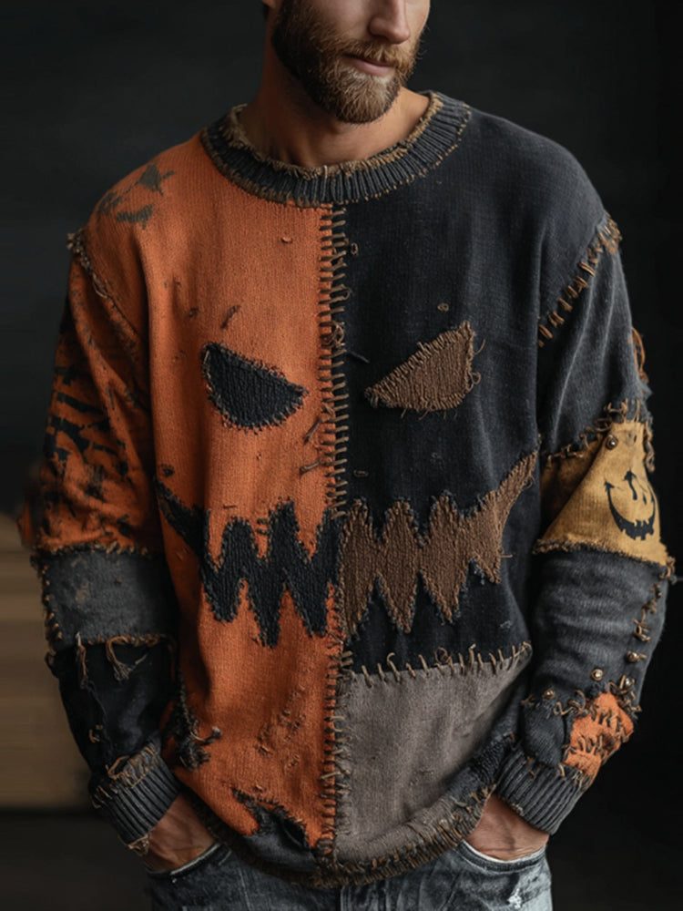 Men's Halloween Spooky Face Colorblock Stitched Cozy Knit Sweater