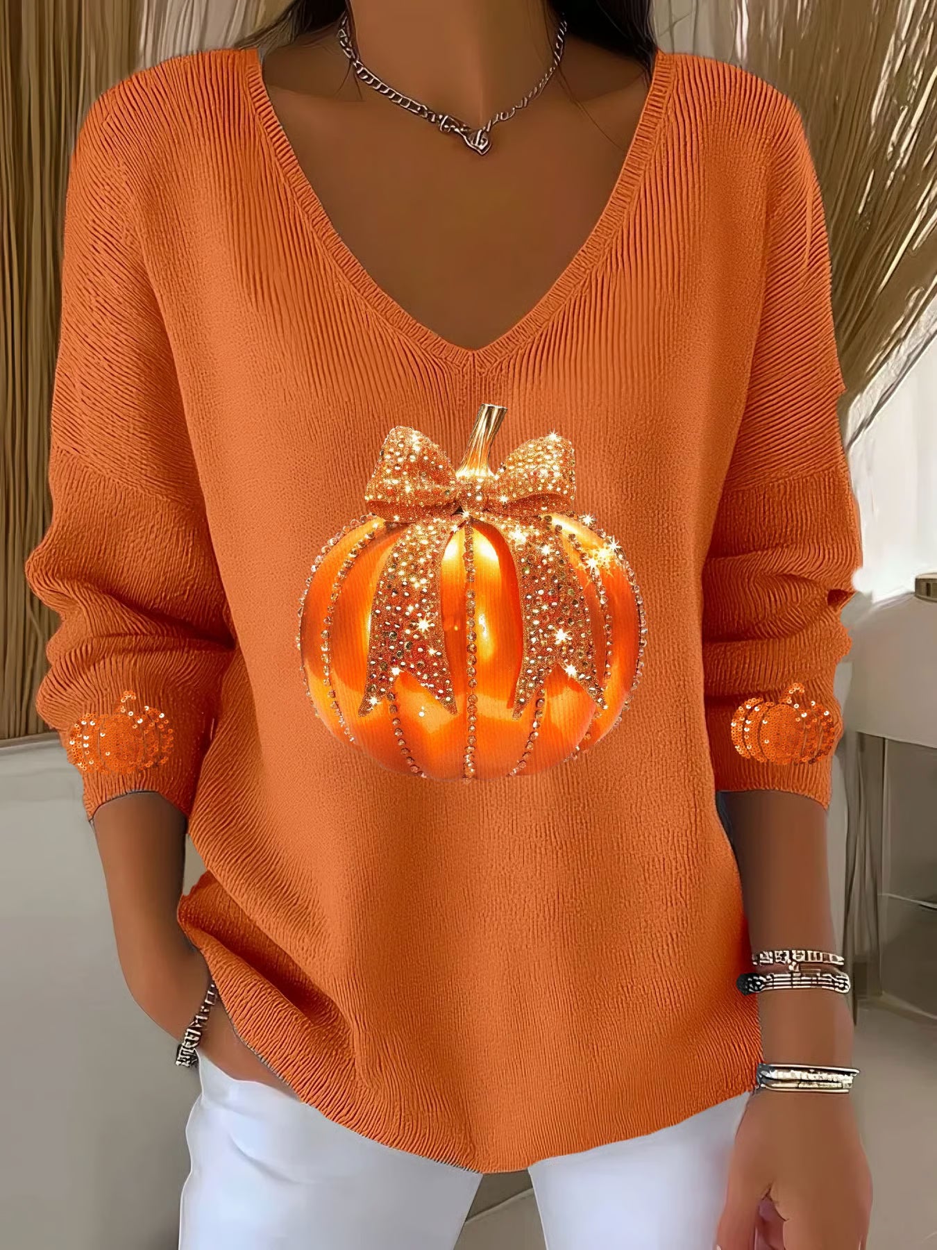 Women's Autumn Sequin Pumpkin Print V-Neck T-Shirt