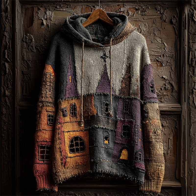 Halloween Castles Inspired Colorblock Stitched Hooded Knit Sweater