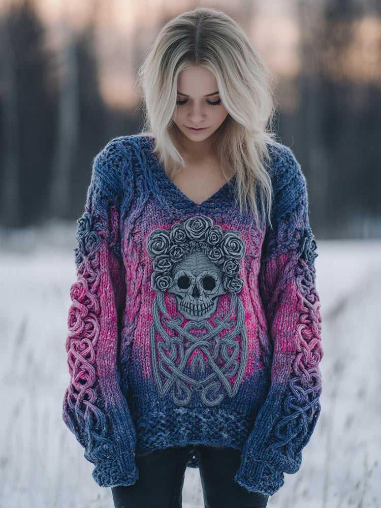 Women's Vintage Celtic Knot Skull Gradient V-neck Sweater