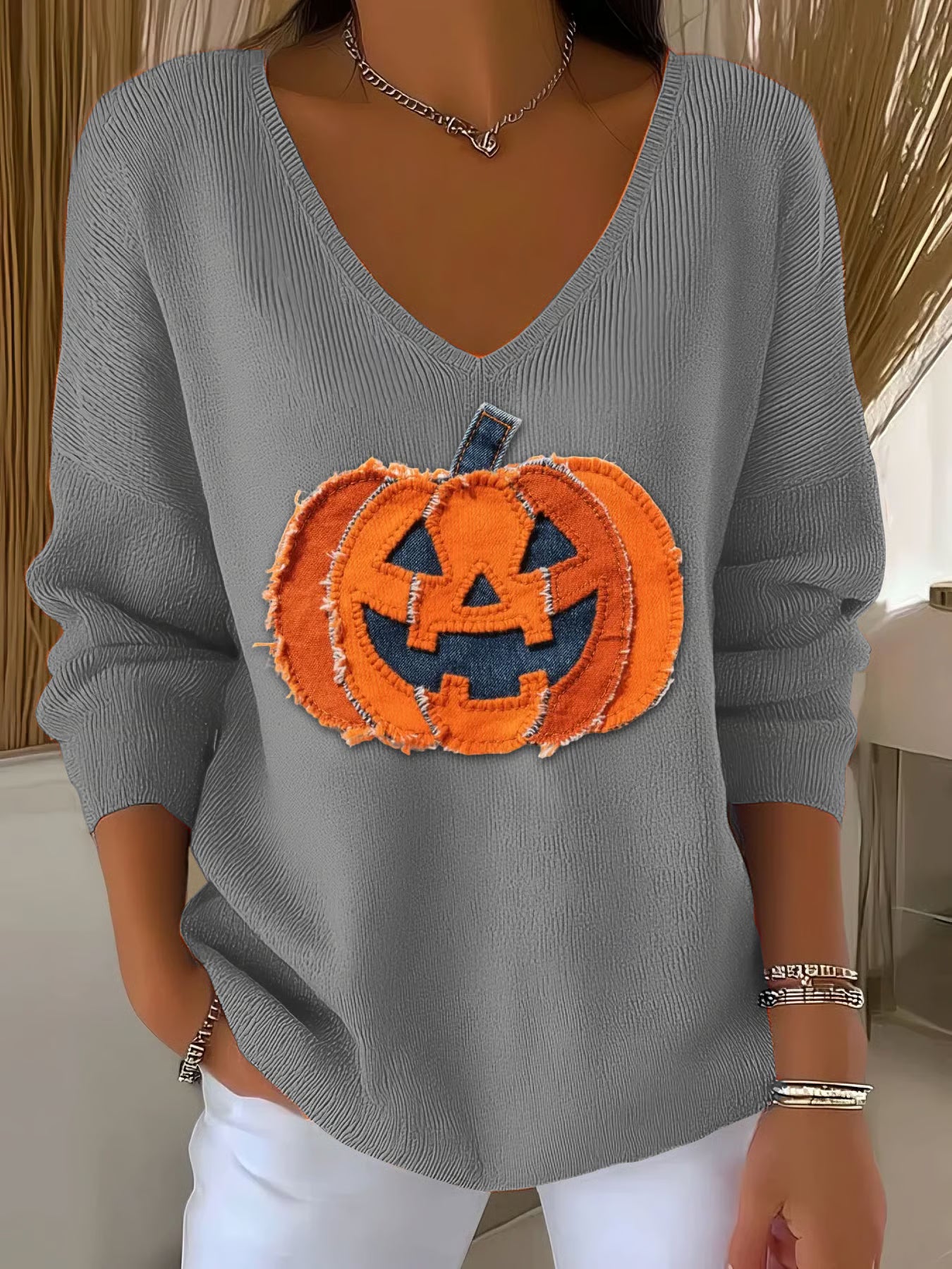Women's Halloween Denim Patchwork Pumpkin Face Print V-Neck T-Shirt