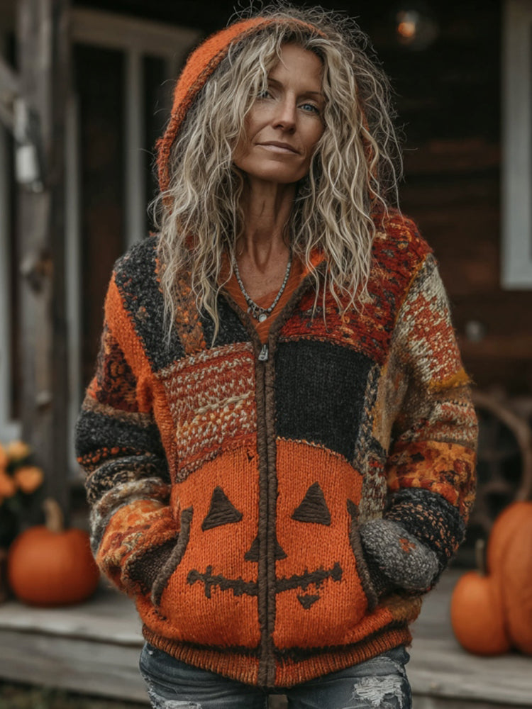 Halloween Pumpkin Face Patchwork Art Cozy Knit Hooded Cardigan