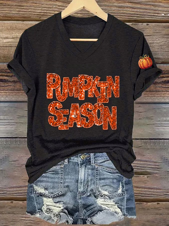 Women's Pumpkin Season Print Short Sleeve T-Shirt