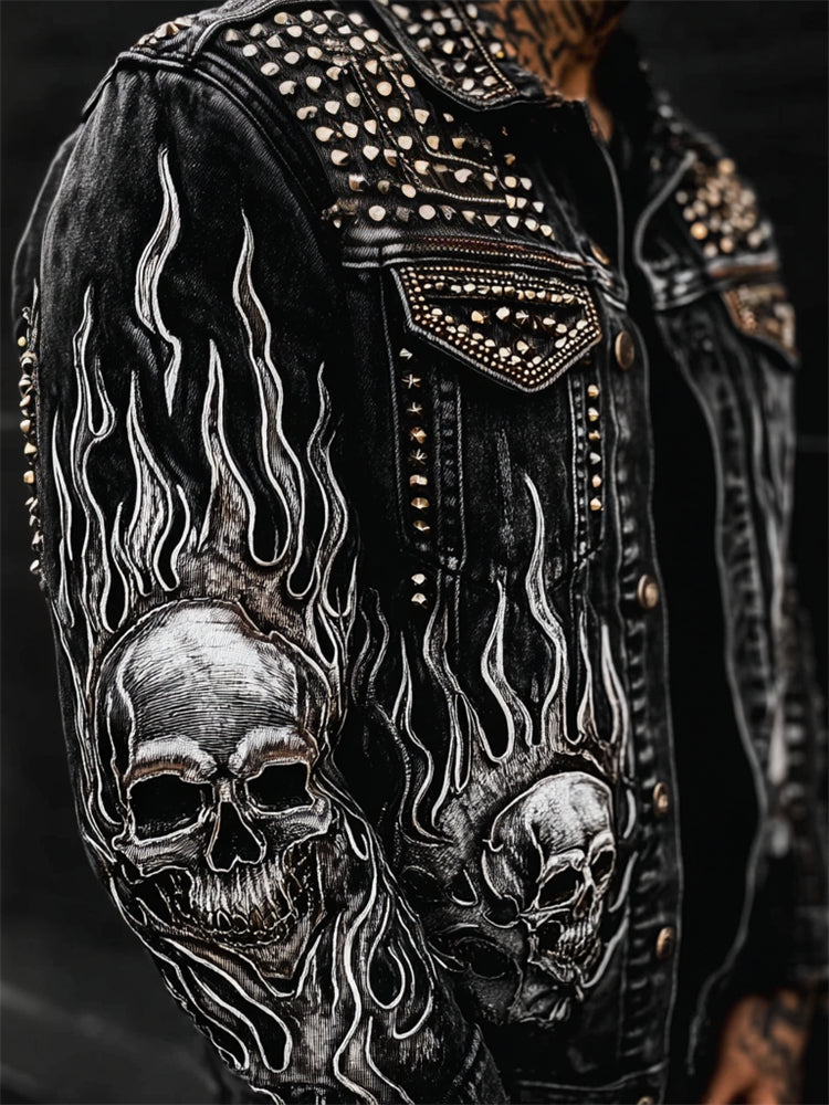 Men's Skulls Flame Contrast Rock Studded Washed Denim Jacket