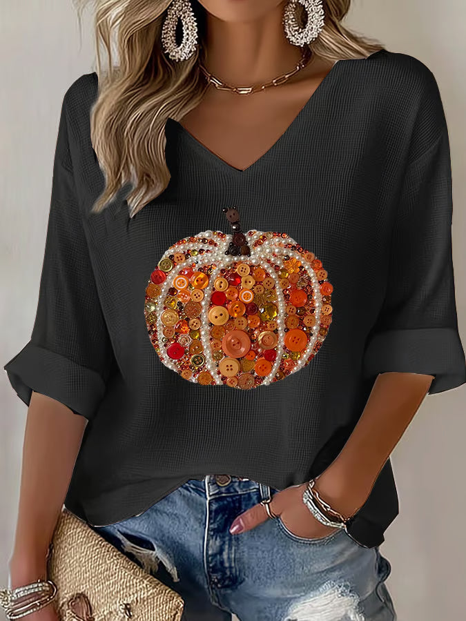 Women's Casual Autumn Pumpkin Waffle Long Sleeve T-shirt