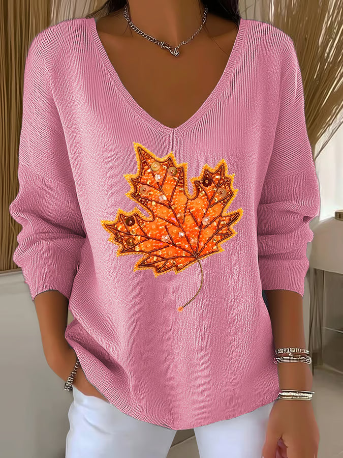 Women's casual autumn maple leaf striped top