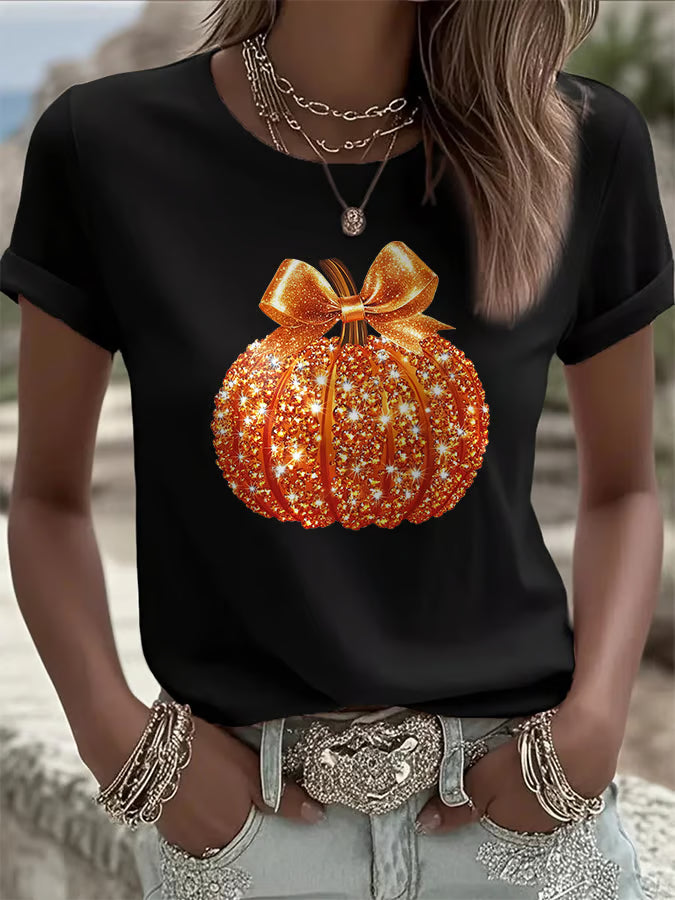 Women's Autumn Sequin Pumpkin Print Crew Neck T-Shirt