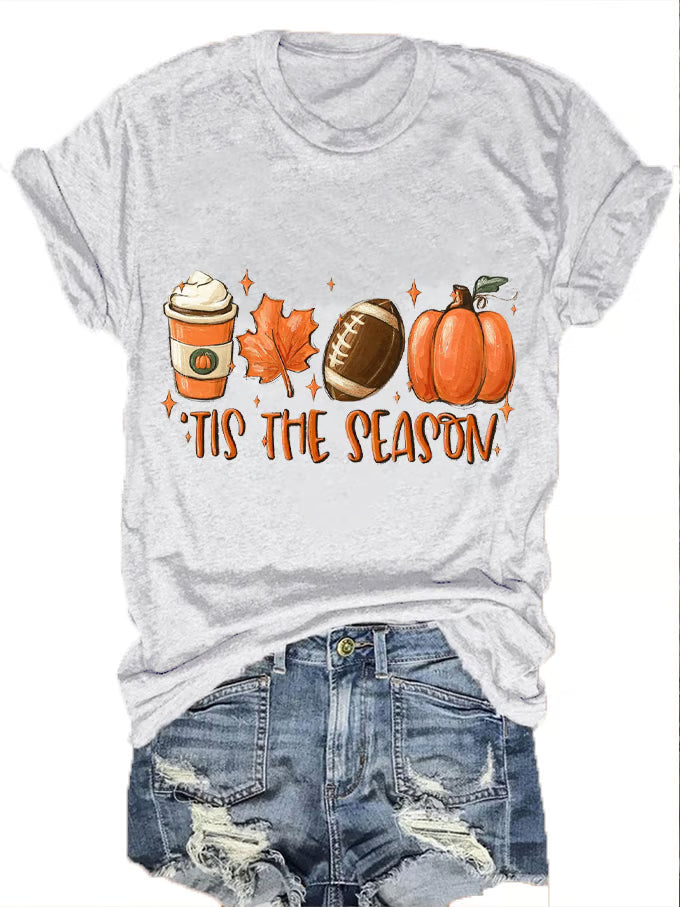 Women's Tis The Season Pumpkin Football Maple Leaf Autumn Print T-Shirt