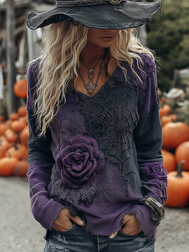 Vintage Halloween Black And Purple Rose Art Long Sleeve V Neck Tops