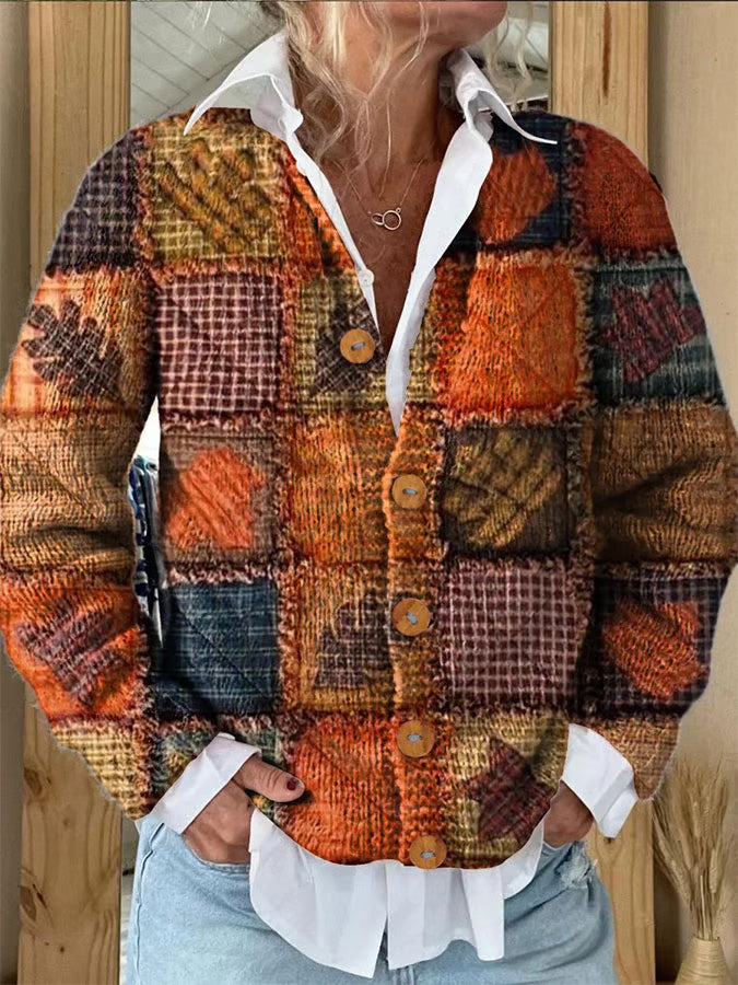 Women's Autumn Patchwork Print Cardigan Sweater