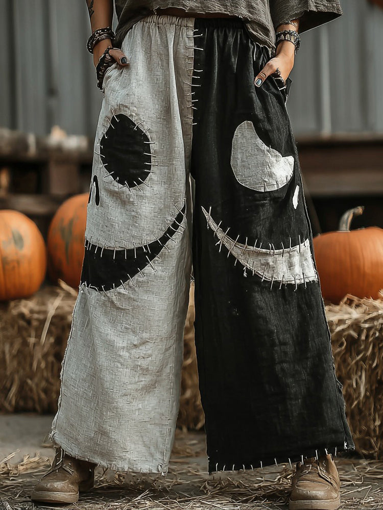 Halloween Spooky Smiley Face Stitching Pattern Casual Wide-leg Pants