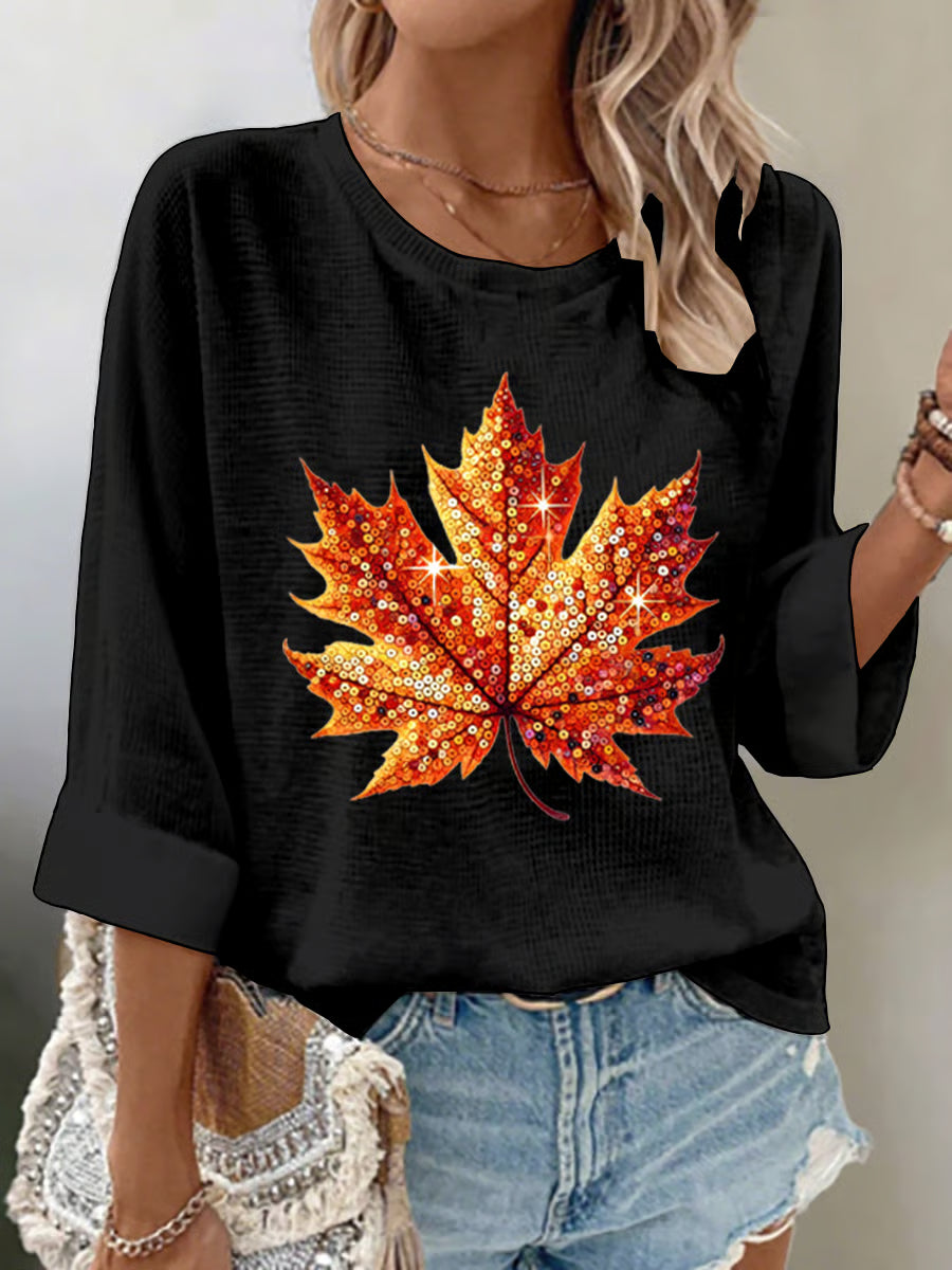 Women's Autumn Sequin Maple Leaf Print Waffle Fabric 3/4 Sleeve Top