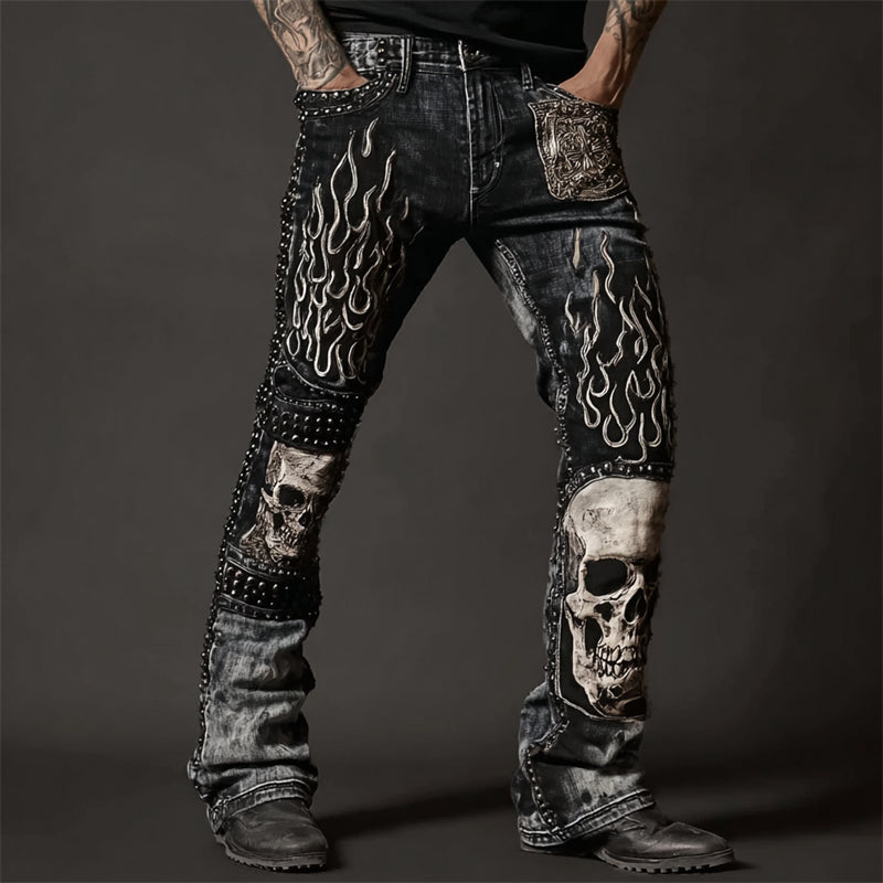Men's Skulls On Flame Rock Style Studded Washed Jeans