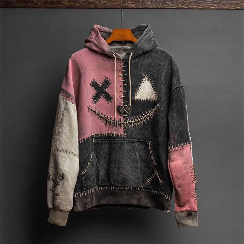 Halloween Stitched Face Colorblock Patchwork Washed Hoodie