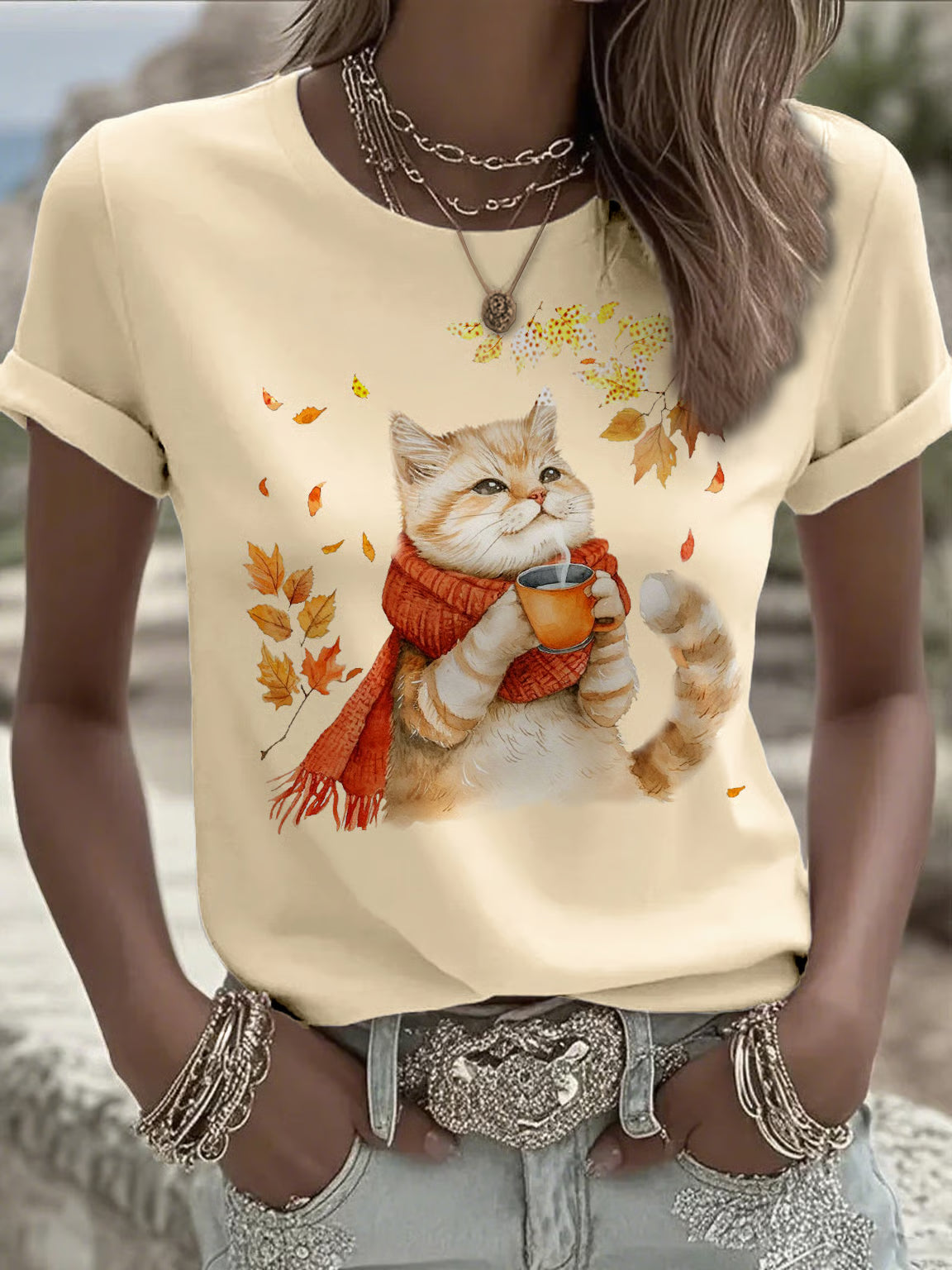 Women's Casual Autumn Animal Cat Print T-shirt