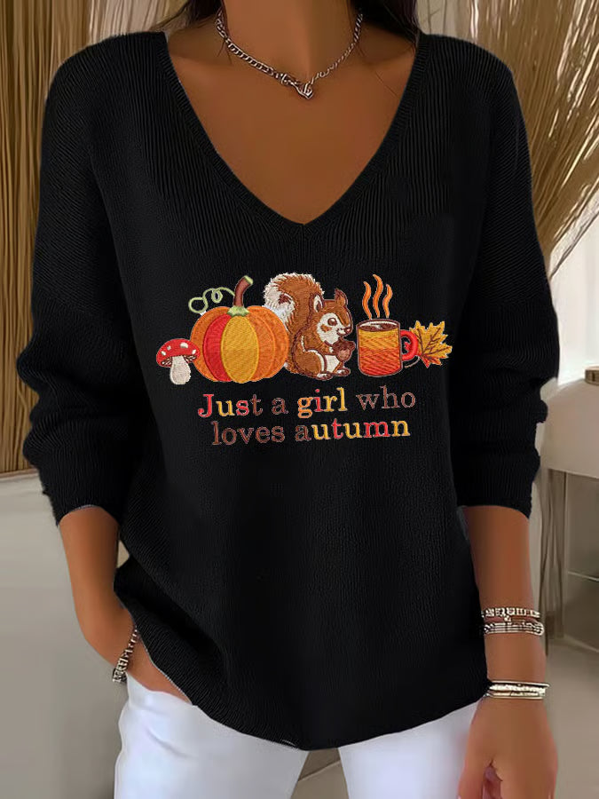 Women's Just A Girl Who Loves Autumn Print Casual Striped Fabric Long Sleeve T-shirt